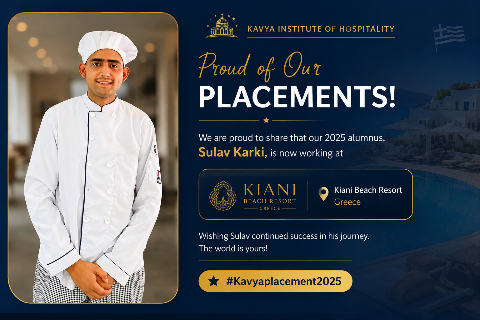 Sulav Karki - Kavya Institute of Hospitality 2025 Alumnus at Kiani Beach Resort, Greece